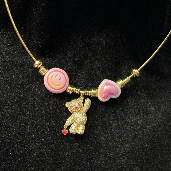 Gold Necklace with Pink Charms - Picture 4 of 12